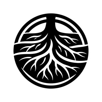 A stylized black and white illustration of a tree root system within a circular boundary.