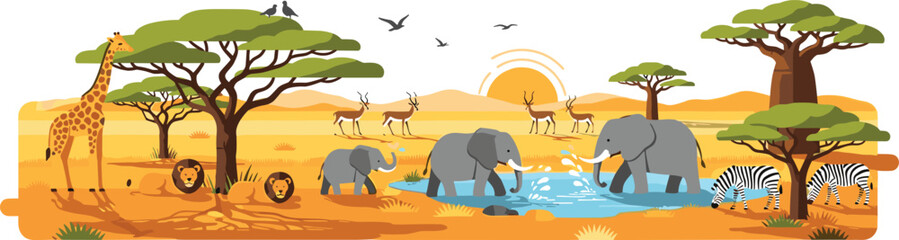African Savanna Wildlife Scene with Elephants Giraffe Zebra and Acacia Trees Vector Illustration © MdNipon