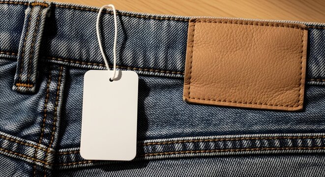 Close-up of a new pair of blue denim jeans with a blank white price tag attached to the waistband back pocket fashion industry clothing store clothing trousers shopping