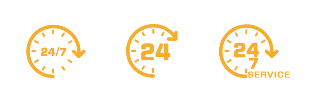 24 hour service icon vector illustration set with clock symbols and circular arrows for nonstop support, delivery, and customer service design