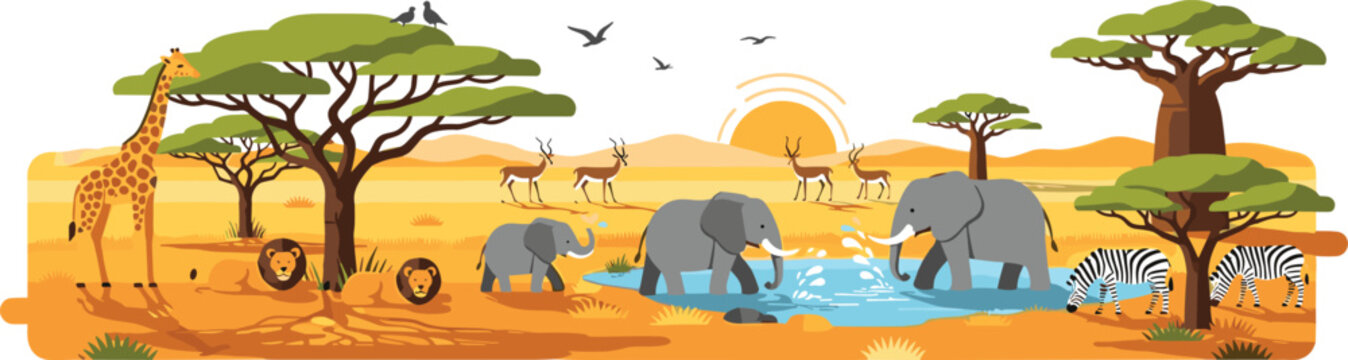 African Savanna Wildlife Scene with Elephants Giraffe Zebra and Acacia Trees Vector Illustration