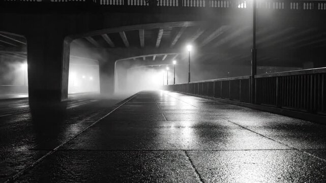Foggy underpass scene with wet concrete and streetlights creating a dramatic atmosphere in black and white