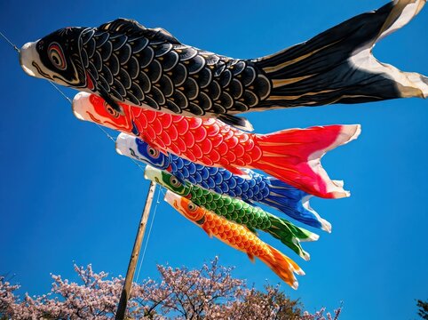 Japanese Koi fish flags against a blue sky
