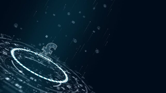 Motion graphic of futuristic finance technology interface with pound sterling symbol, digital HUD dashboard, and data stream effects for fintech payment and banking promotion.