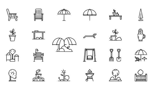 Outdoor patio and garden furniture icon vector set with terrace backyard and summer symbols