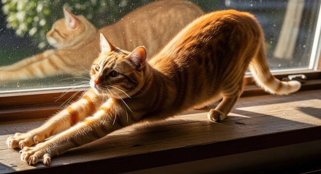 Ginger Tabby Cat Stretching on a Sunny Window Sill
