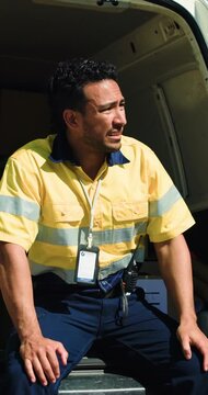 Logistics, tired or man at van with sweat, order backlog or package error in cargo delivery. Distribution, fatigue or courier agent with crisis, inventory shortage or dispatch delay in supply chain.