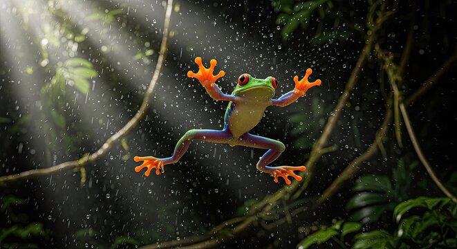 Red-Eyed Tree Frog Jumping in Tropical Rainforest Rain