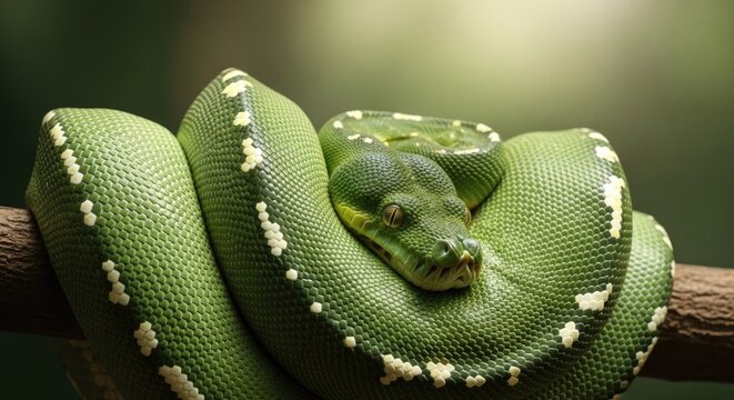 Green Tree Python Coiled on a Branch