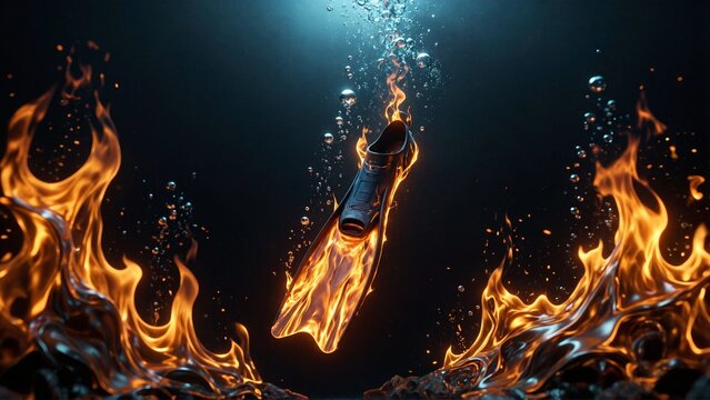 Burning swim fin surrounded by fire and water bubbles