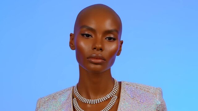 Stylish Bald Woman with Futuristic Makeup Posing in Studio.