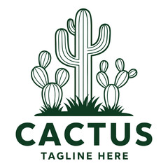Fototapeta premium Cactus plants and grass on desert landscape with tagline template icon