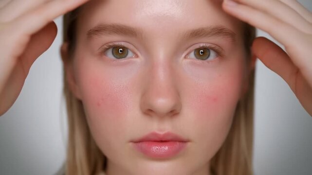 Natural Beauty Model with Rosy Cheeks Touching Her Face.