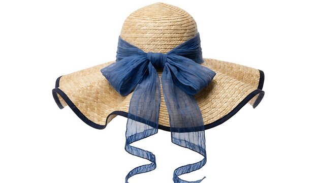 Elegant straw sun hat with blue ribbon stylish summer fashion accessory with shadow cut out isolated on white background. AI generated.
