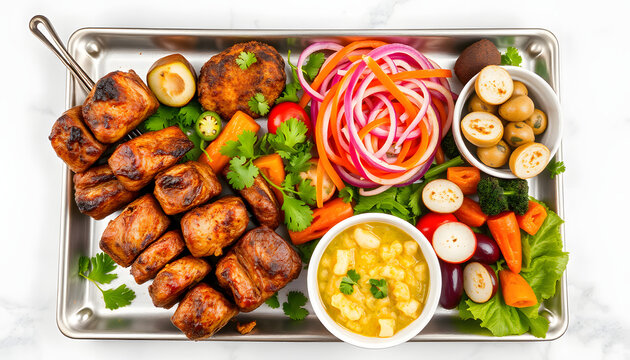 Delicious meat kebab with fresh vegetable salad served with variety of Turkish dishes and appetizers. Top view of assorted Turkish food and meze, tasty and healthy Mediterranean cuisine, origami. Wh
