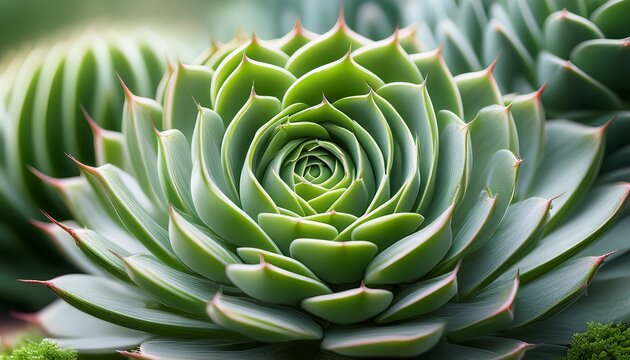 close up of a succulent plant with green layered leaves and sharp thorns showing intricate spiral pattern in natural