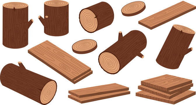 Vector Illustration of Logs and Wooden Planks for Lumber, Woodworking, and Eco-friendly Designs