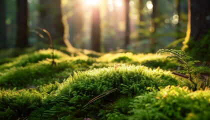 Obraz premium lush green moss growing on forest floor illuminated by soft sunlight