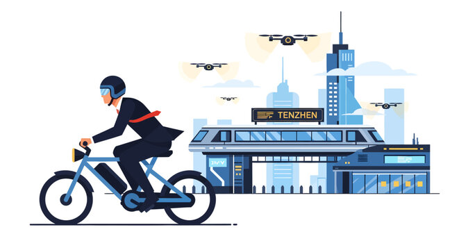 Businessman riding electric bicycle to modern office building with drones flying overhead