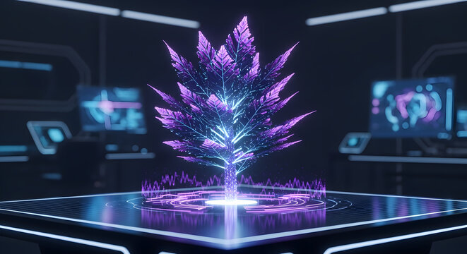 Abstract futuristic plant glowing with purple light on a digital pedestal in a science lab