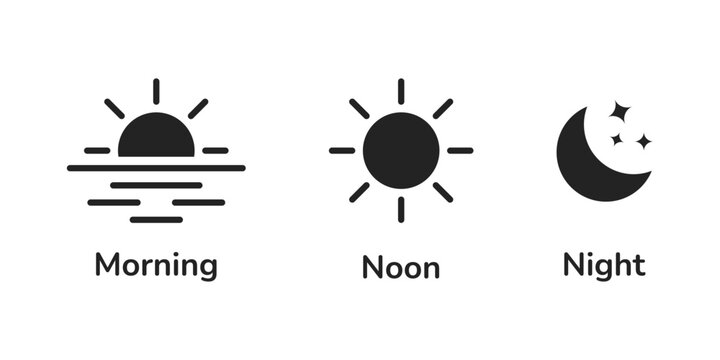 Morning, noon, and night icons. Sun and moon symbols. Day and night icons set. Sunrise, noon, and night moon with stars symbols.