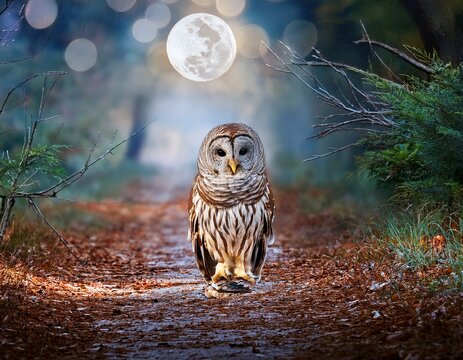majestic barred owl perched on forest path under misty moonlit sky soft bokeh background and dew drops on foliage