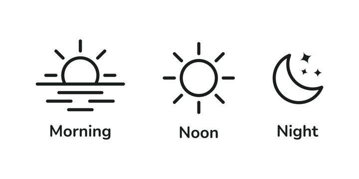 Morning, noon, night, icon set. Day and night icons set. Morning sunrise, noon sun, sunset, and night moon with stars symbols.