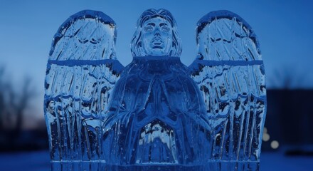Obraz premium Ice sculpture of an angel stands outdoors against a blue twilight sky.