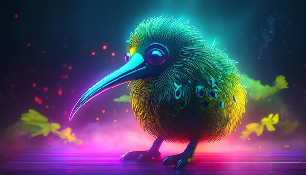 3d neon kiwi bird in the fog