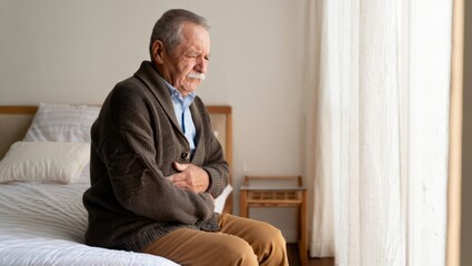 Fototapeta premium An elderly man experiencing stomach pain sits on the edge of a bed in a serene room with a window and bedside table in the background.