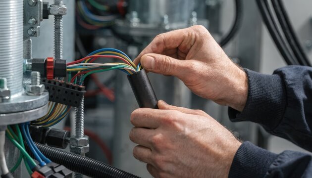 Closeup on hands installing flexible conduit around electrical wiring in an industrial machine enhancing protection and organization in complex harness routing.