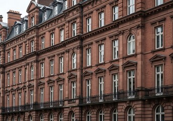 Fototapeta premium Classic european red brick building with white window frames and black wrought iron fence