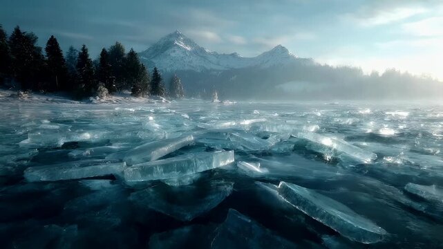 Winter season adventure exploration. A vivid portrayal of a serene winter landscape. The main subject is a vast expanse of frozen water, with numerous ice floes scattered across its surface.