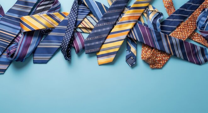 Colorful neckties collection laid out on a light blue surface