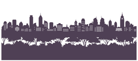 Obraz premium Outline of city skyscrapers set against a row of trees and shrubs