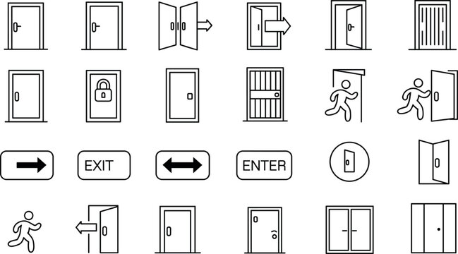 Door and Entrance Line Icon Set with Open Close Exit Enter Signs, Security Access, Emergency Escape and Navigation Symbols Vector Illustration Collection