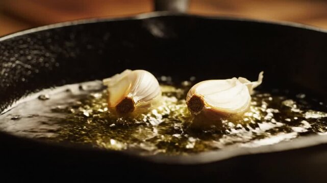 Close-up of garlic cloves simmering in olive oil inside a black cast iron skillet for cooking preparations