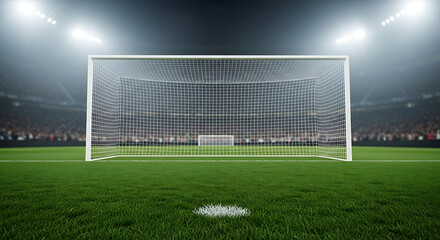 Fototapeta premium Empty soccer goal net in stadium with bright stadium lights and green field during game with sports venue with team sport