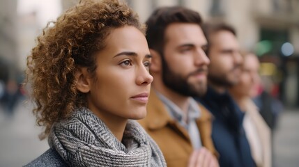 Fototapeta premium A diverse group of professionals standing together in an urban setting capturing a quiet moment of contemplation