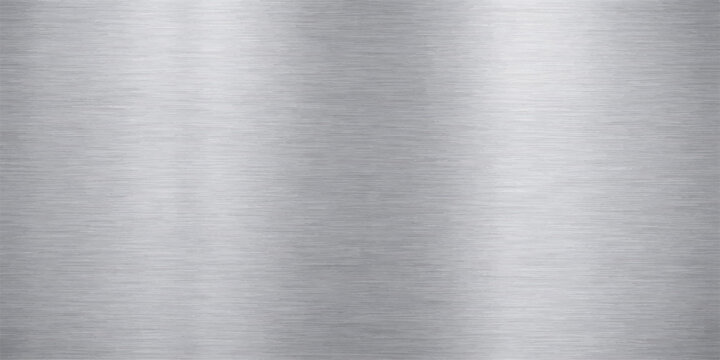A polished brushed metal background features a shiny silver stainless steel plate texture with a grey industrial pattern on a metallic titanium surface