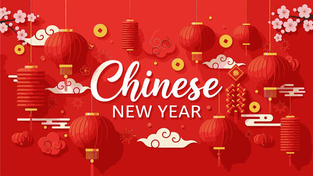 Digital illustration of a Chinese New Year graphic with gold text and decorations on a red background with a festive mood.
