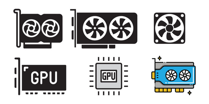 GPU Graphics Card Icons Set Computer Hardware Video Card Processing Unit Vector Illustration