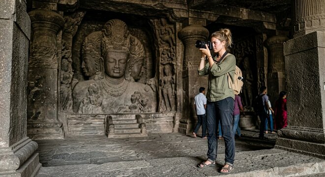 Foriegn tourist photographing and exploring the Elephanta Caves also known as Gharapuri caves, Mumbai