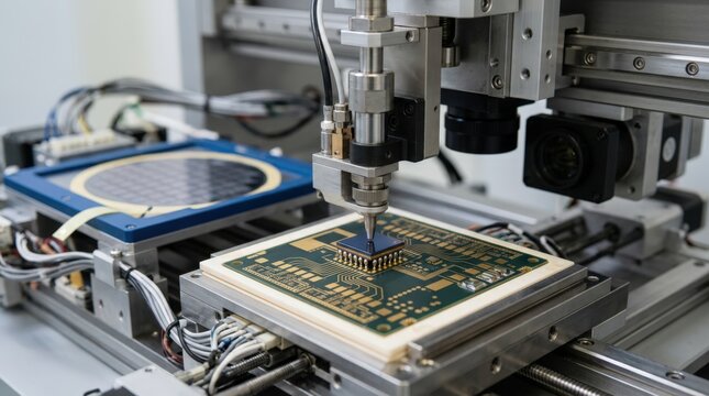 Flipchip die bonding machine placing silicon dies facedown onto substrates demonstrating advanced microelectronic packaging in a controlled manufacturing setting.