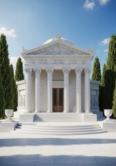 Obraz premium Classical marble temple stands surrounded by cypress trees under a bright blue sky.