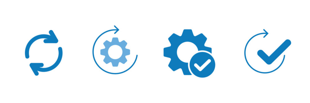 Sync process icon vector set featuring reload circle arrows, gear wheel, refresh, recycling, and update checkmark symbols for system processing design