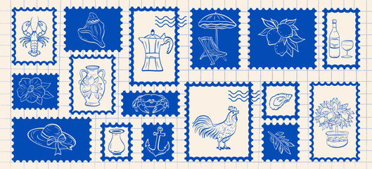 Plakat Hand drawn doodle Italian vacation postal stamps elements. Coastal elements lemons, seafood, lobster, shell, cocktail, hat, rooster badge or sticker. Vector.
