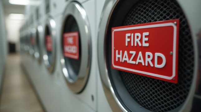 Dryer vent with fire hazard sign in laundry room environment  
