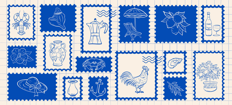 Hand drawn doodle Italian vacation postal stamps elements. Coastal elements lemons, seafood, lobster, shell, cocktail, hat, rooster badge or sticker. Vector.