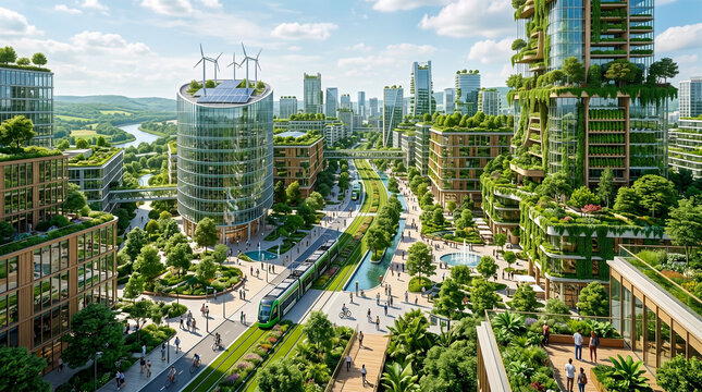 Ciudad moderna con vegetaci&oacute;n integrada, edificios sostenibles, luz natural, composici&oacute;n limpia y futurista.